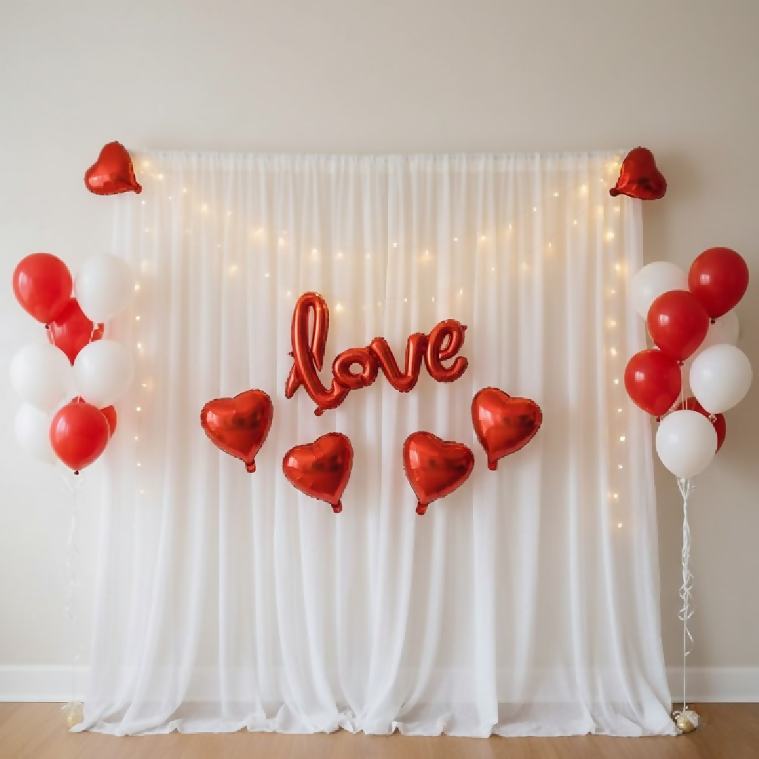 32 Pcs Romantic Tent Decoration Set With Red White Balloons Foil Heart LED Lights White Curtain Backdrop For Bedroom