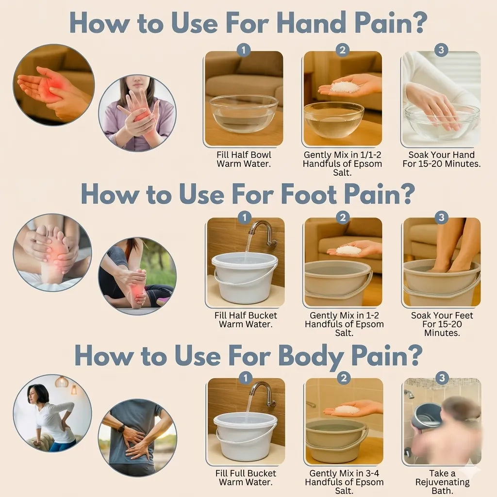 Instructions on how to use Epsom salt for hand, foot, and body pain with step-by-step images.