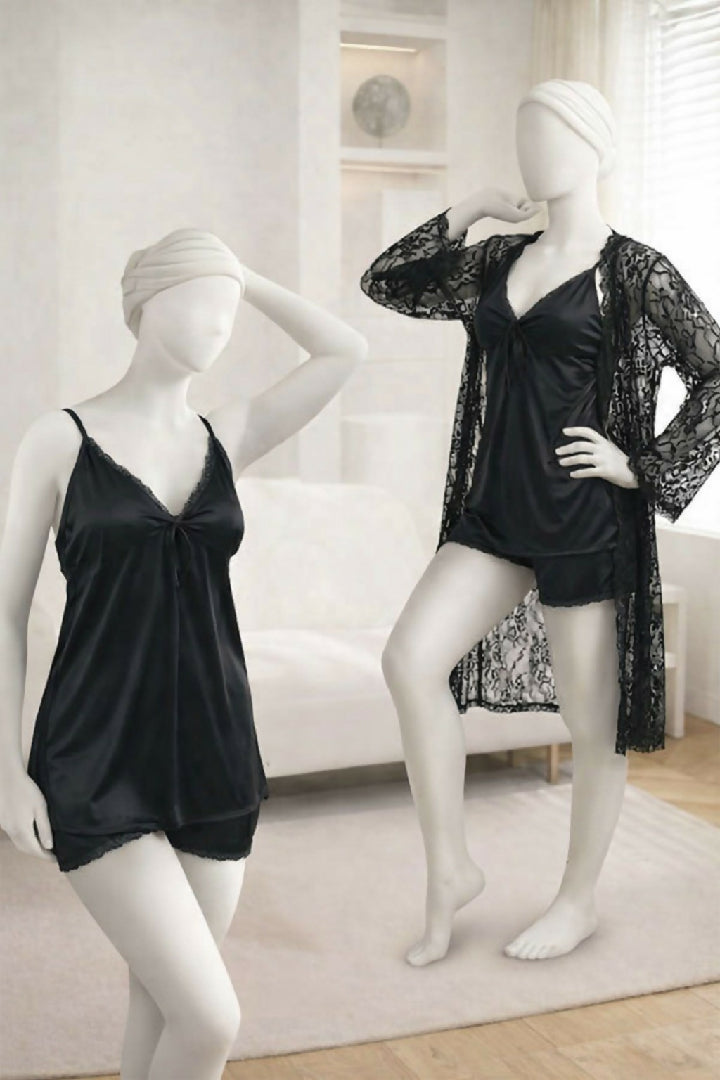 3-Piece Womens Sleepwear Set Camisole Shorts Lace Gown Soft Satin Nightwear Free Size