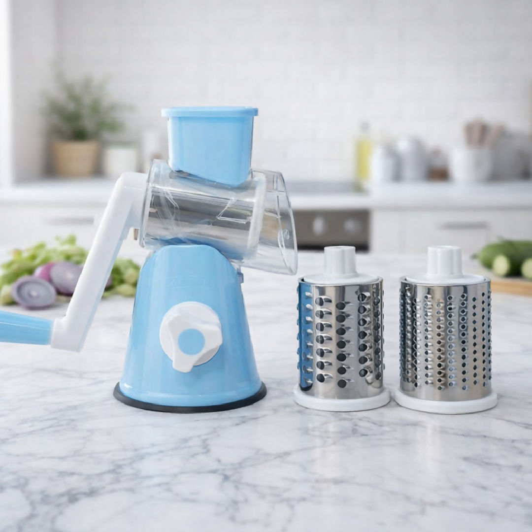 FALARI Tabletop Drum Grater Manual Rotary Vegetable Slicer Shredder and Cutter with 3 Interchangeable Stainless Steel Drums Random color