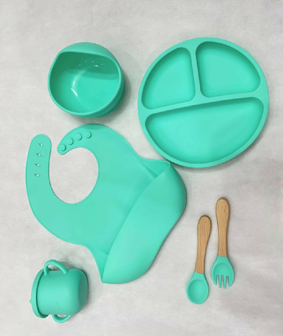 Premium Silicone Baby Feeding Set 6 Piece BPA Free Suction Base Ergonomic Design for Self Feeding green