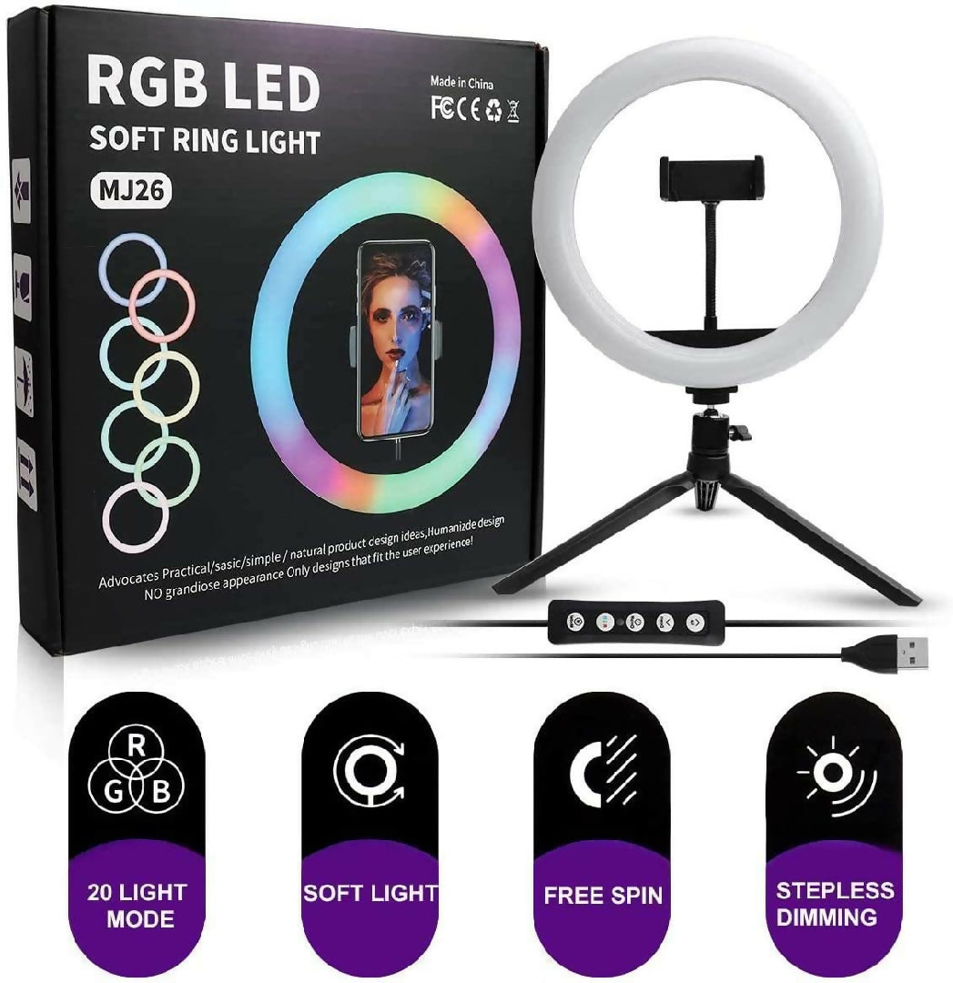 26Cm MJ26 102 RGB Led Soft Ring Light Soft Ring Light with Lighting and Smart Phone Holder