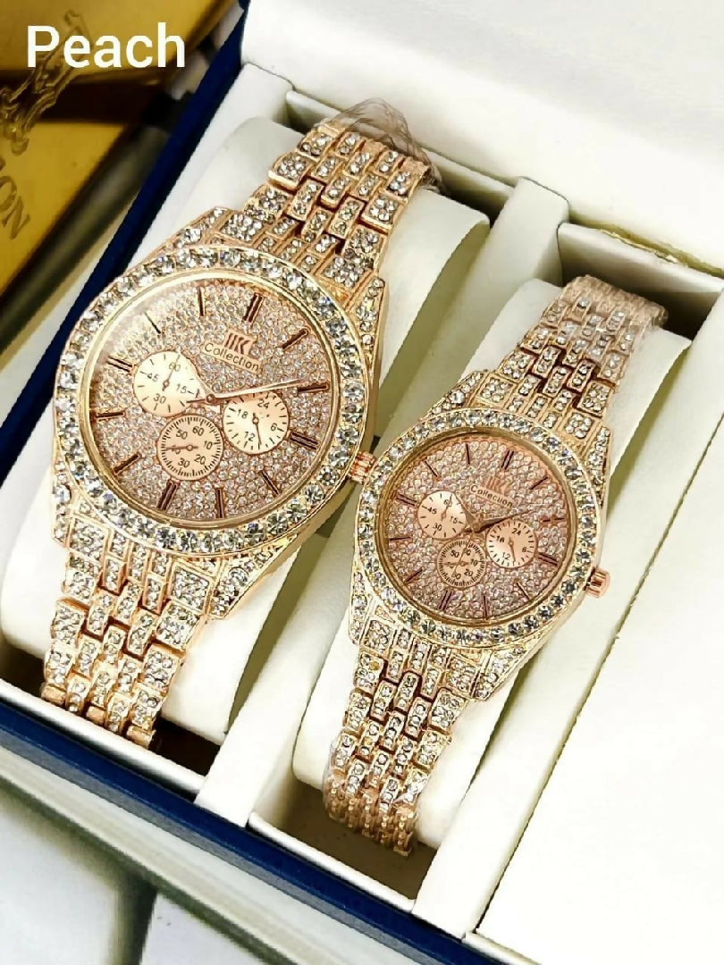Luxury Diamond Accented Couple Watch Set Without Box Golden