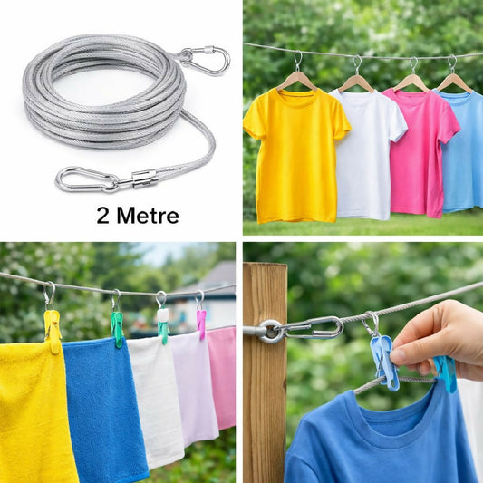 Strong stainless steel clothesline rope (2 metre) with hooks perfect for hanging clothes indoors or outdoors