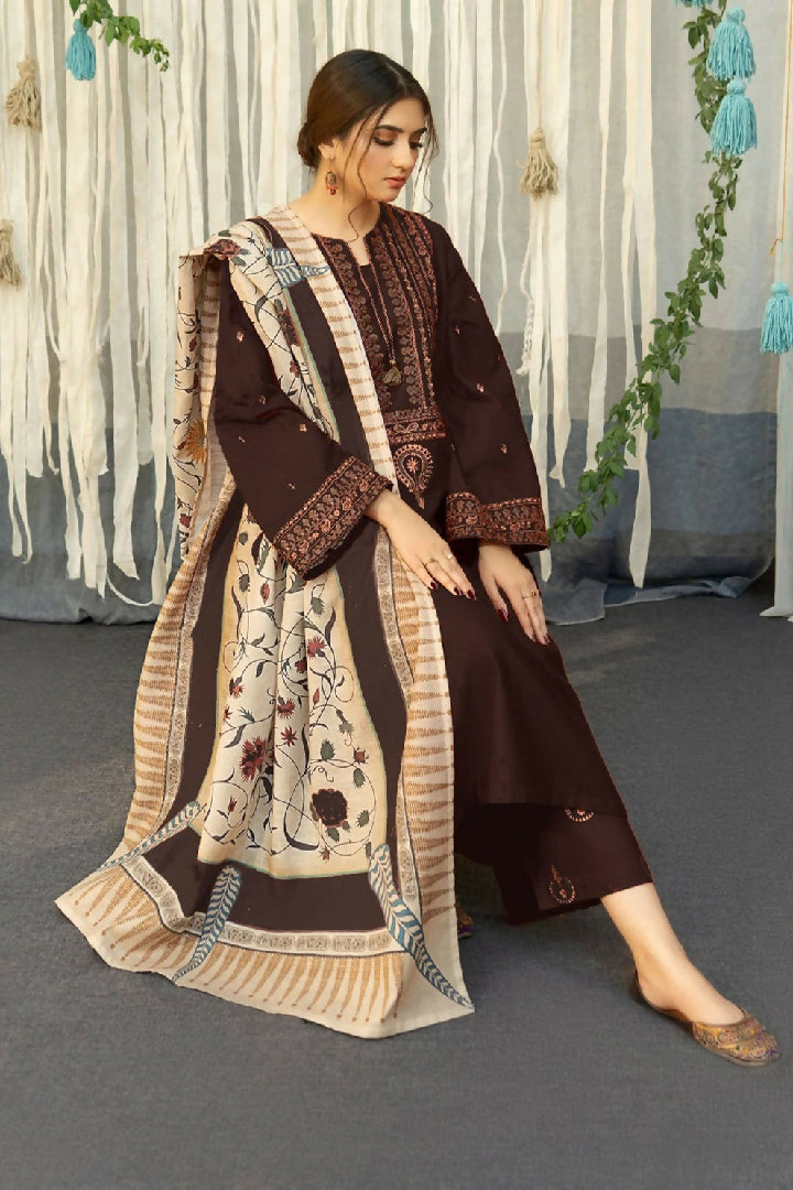 3 Piece - Unstitched Dhanak Stuff Full Embroidered Suit With Printed Wool Shawl