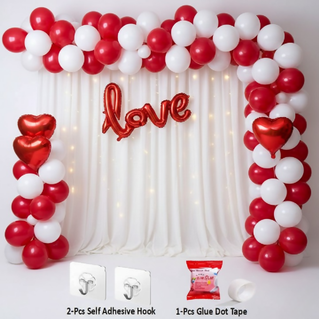 32 Pcs Romantic Tent Decoration Set With Red White Balloons Foil Heart LED Lights White Curtain Backdrop For Bedroom