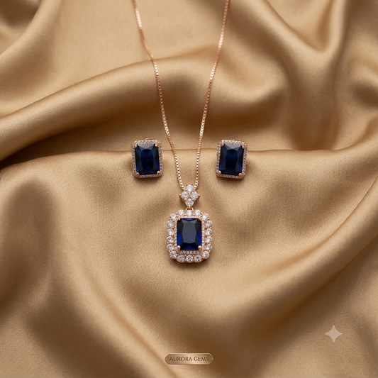 Zircon Emerald Cut Halo Set in Deep Blue