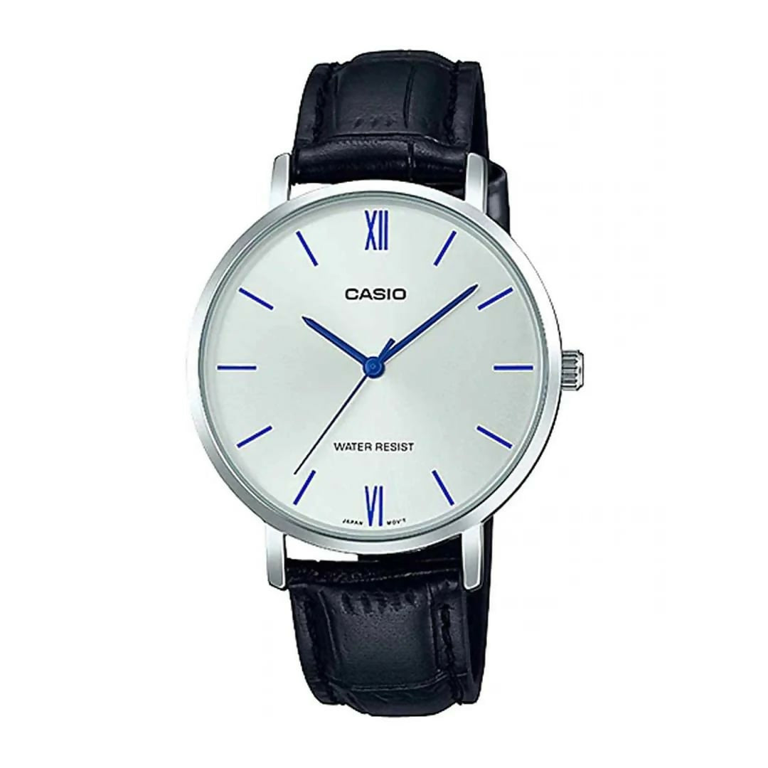 Casio Women Watch White Dial with Blue Digits and Black Leather Strap Elegant Analog Wrist Watch for Ladies Classic Daily Wear