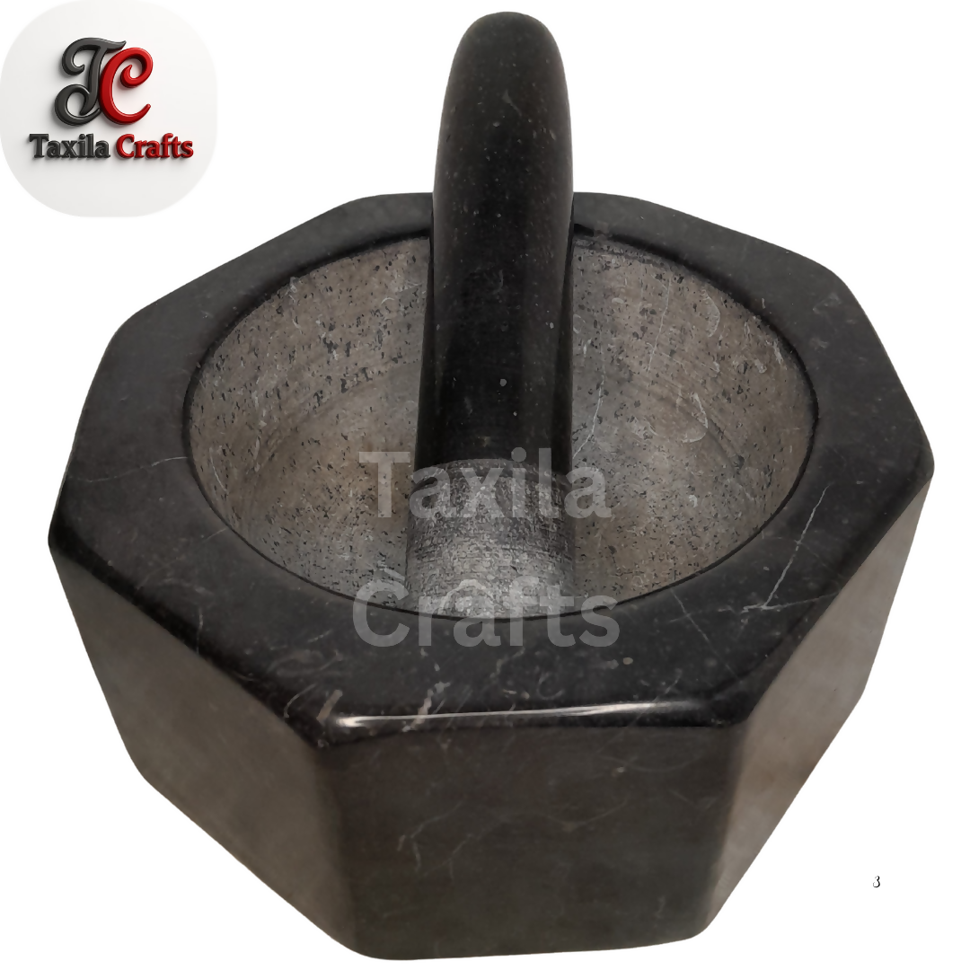 Taxila Crafts 8 Inch Crystal Shape Taxila Hills Black Stone Mortar and Pestle Set with 8 Inch Pestle
