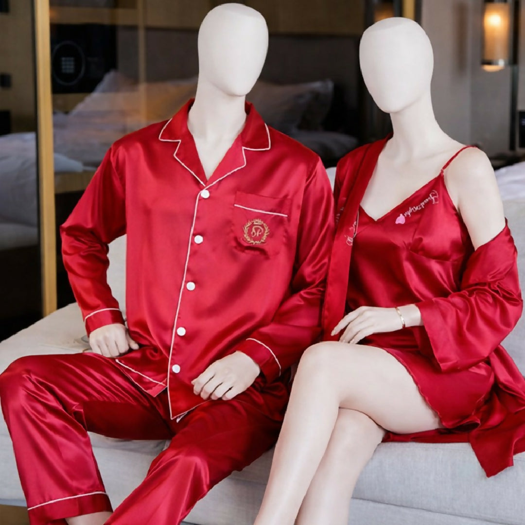 Couple Night Dress Silk Sleepwear Set - 4-Piece Pajama and Robe Set - SKU DC-C012