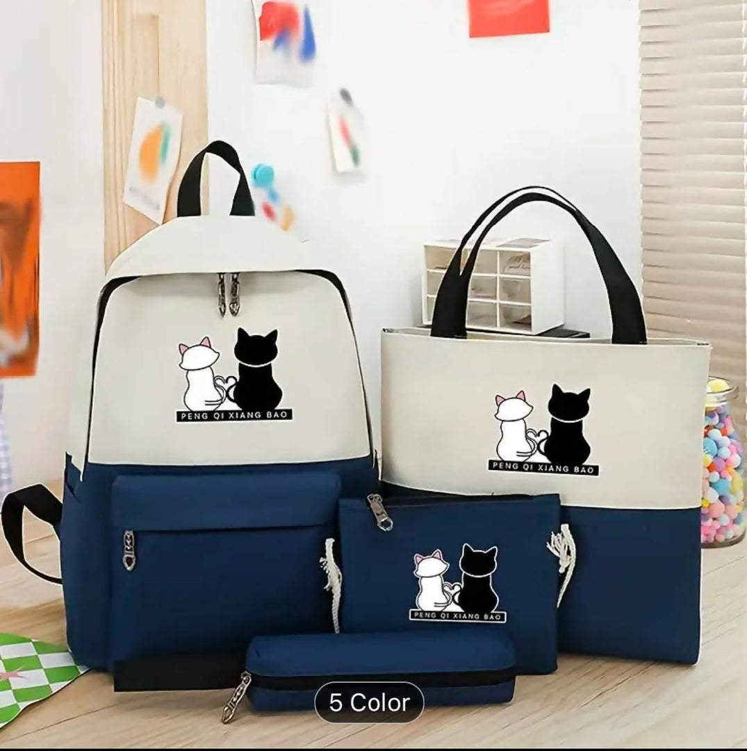 Cute Cat Print 5-in-1 School Bag Set for Girls - Backpack - Handbag - Crossbody Pouch - Pencil Case - Lunch Bag