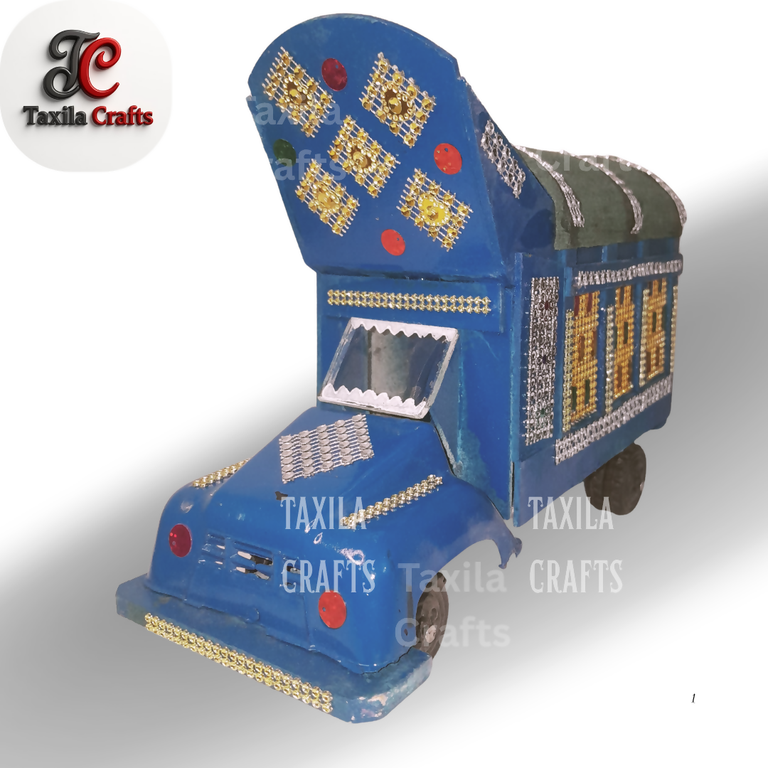 Handmade Blue Mini Truck Art Decorative Showpiece Wooden and Hardboard Model 11 Inch