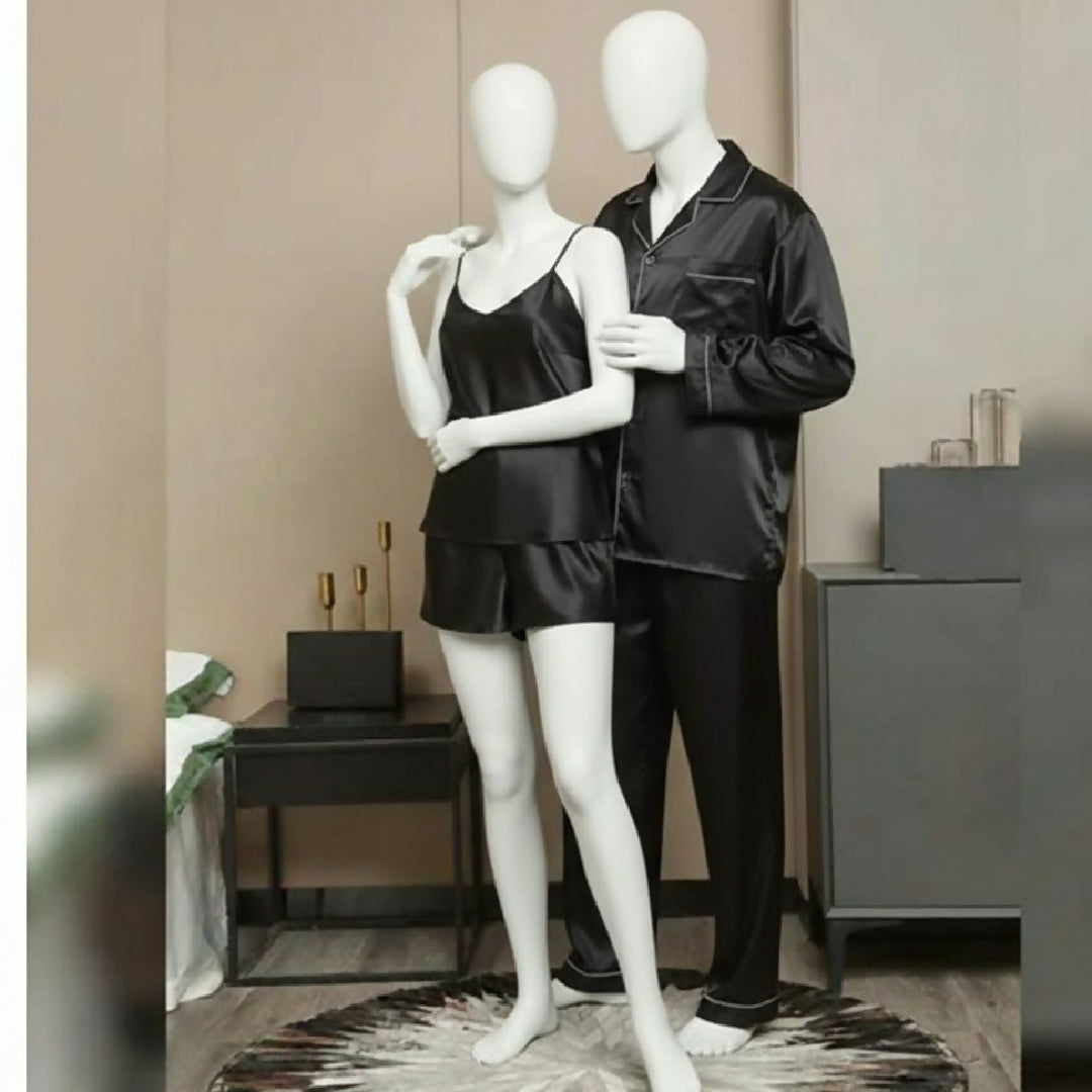 Premium Satin Silk Couple Night Suit Pajama - Short Set - Matching Luxury Nightwear for Men and Women - 4 Pcs