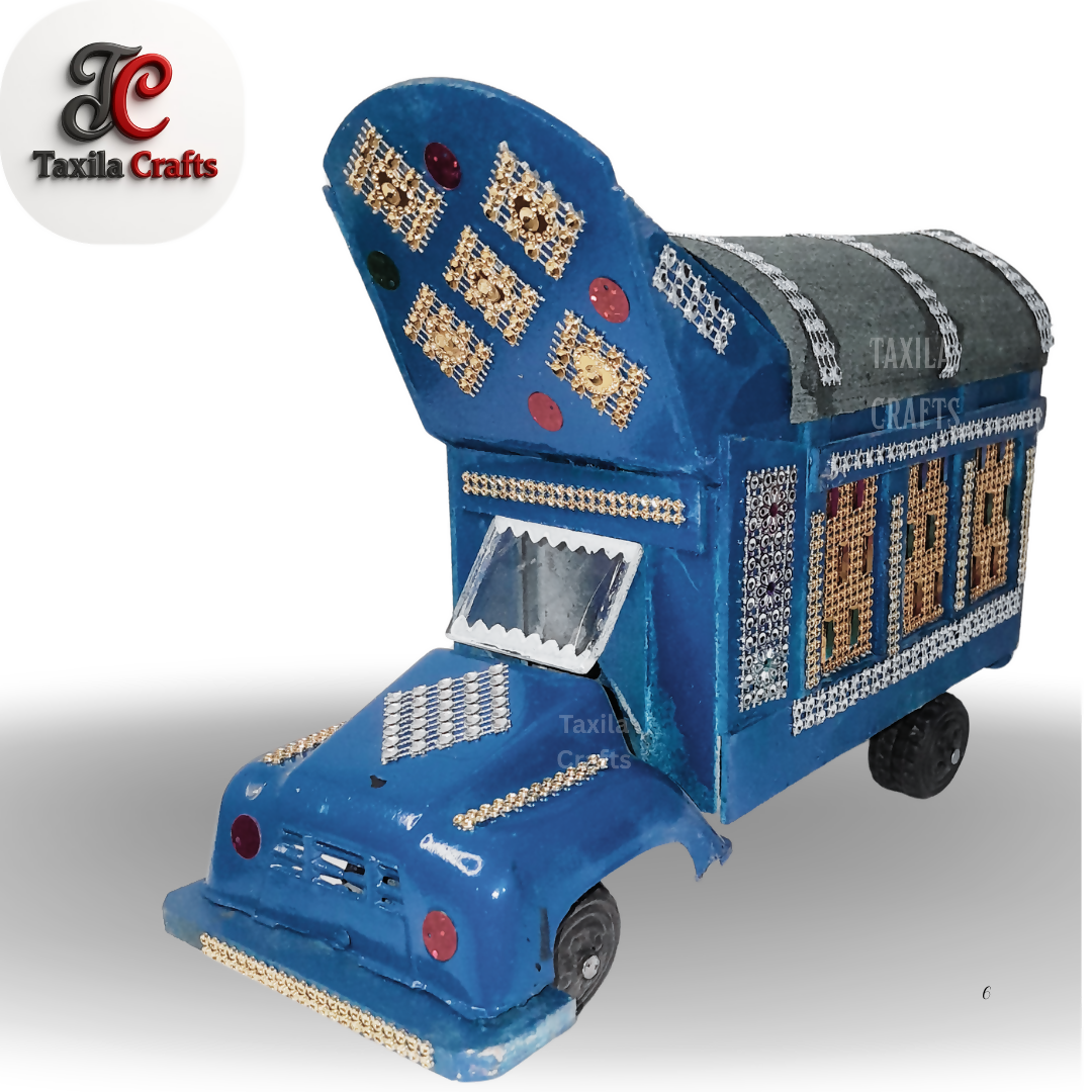 Handmade Blue Mini Truck Art Decorative Showpiece Wooden and Hardboard Model 11 Inch