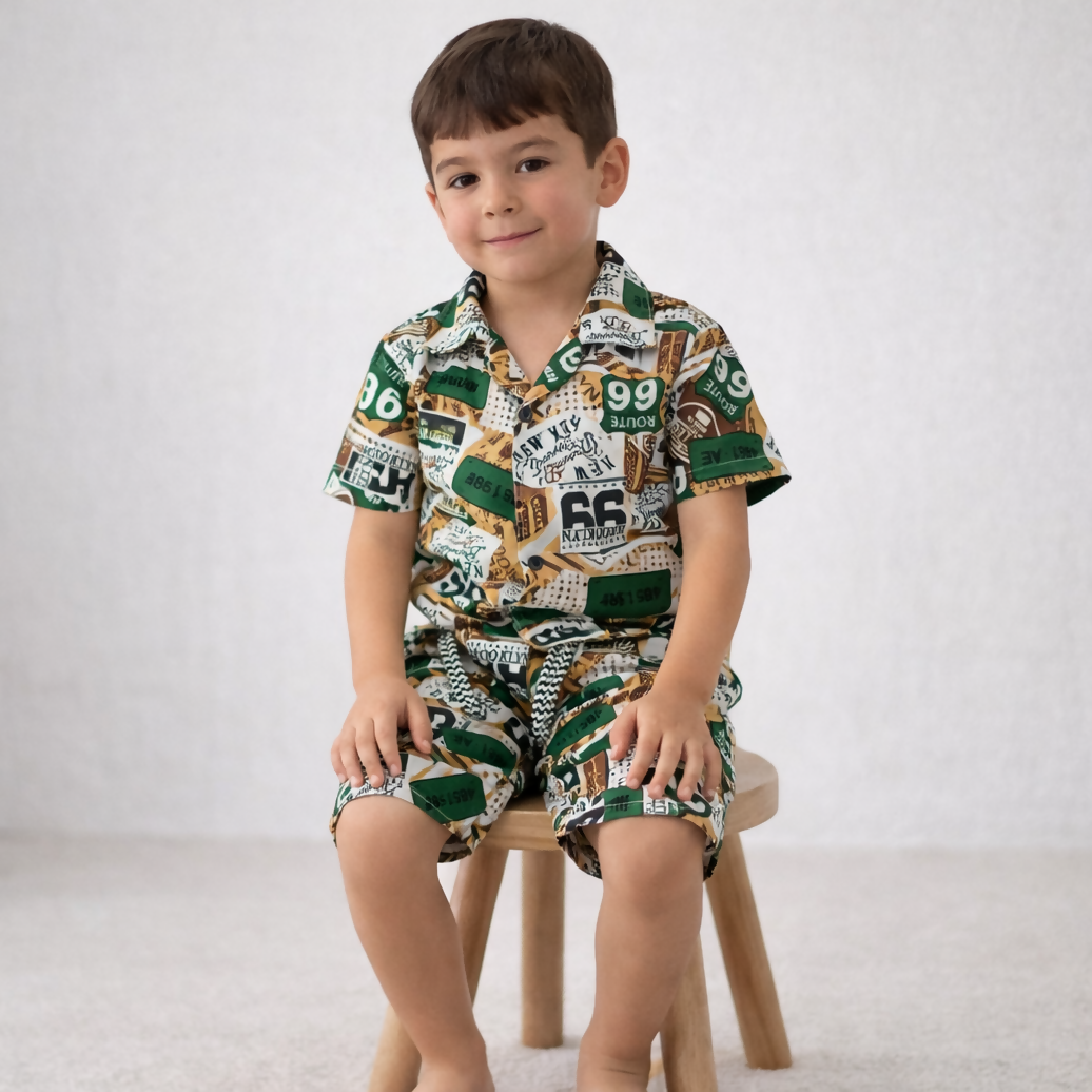 Kids Printed Linen Short Pajama Set