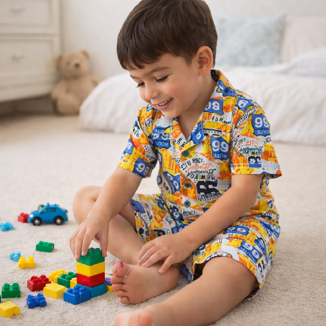 Kids Printed Linen Short Pajama Set