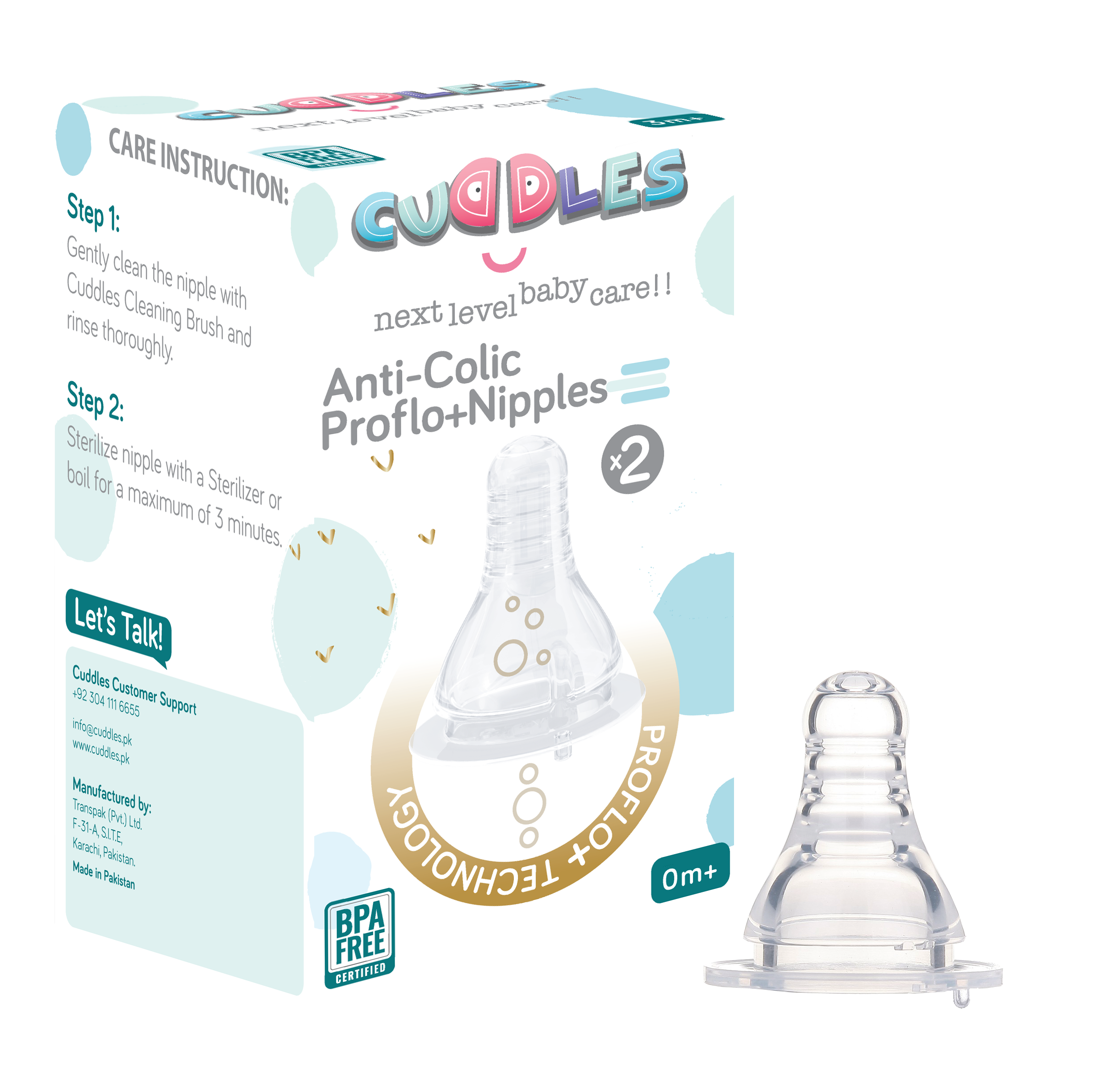Cuddles Pack of 2 Anticolic Proflo Nipples 0 Month+