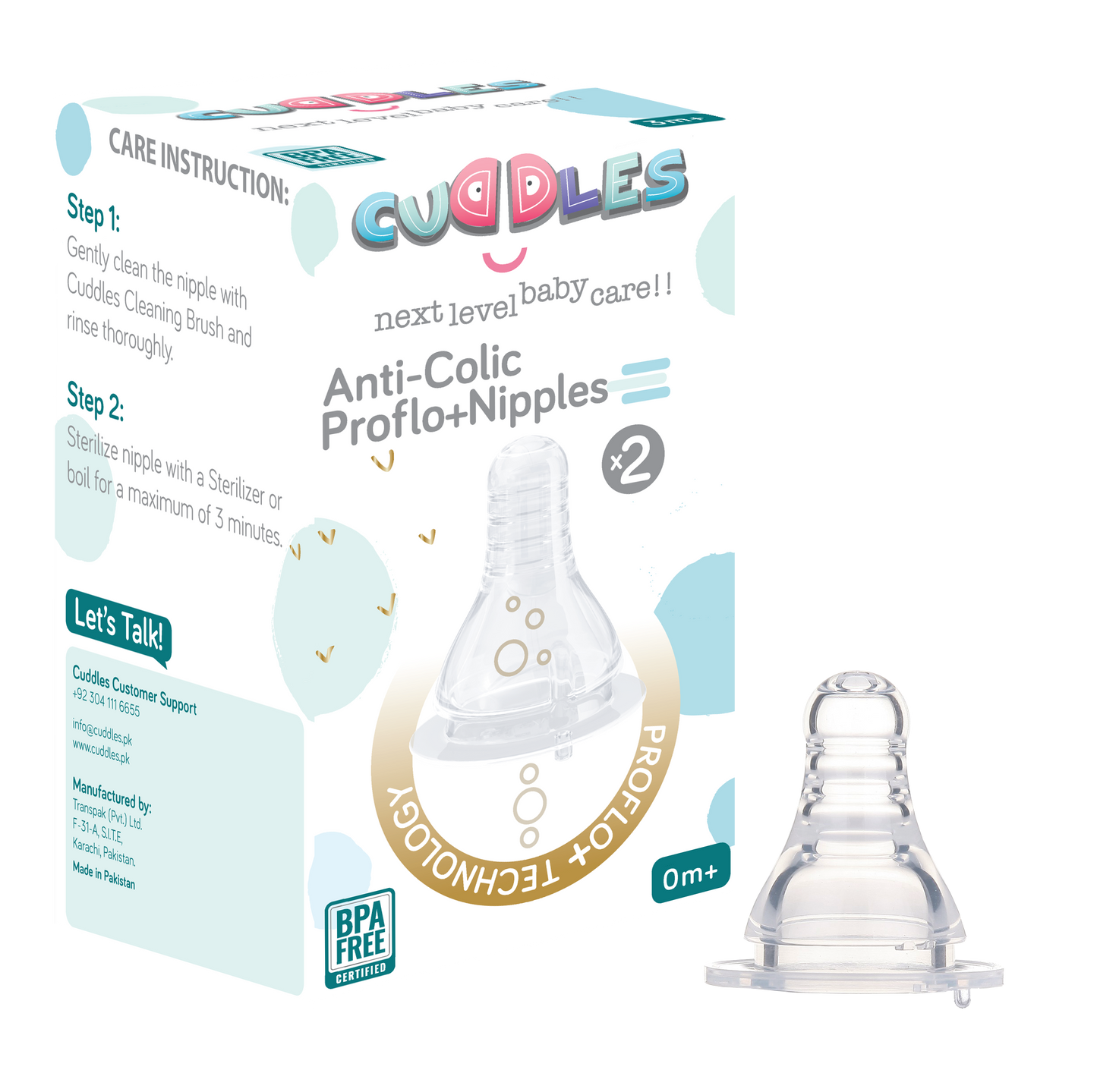 Cuddles Pack of 2 Anticolic Proflo Nipples 0 Month+
