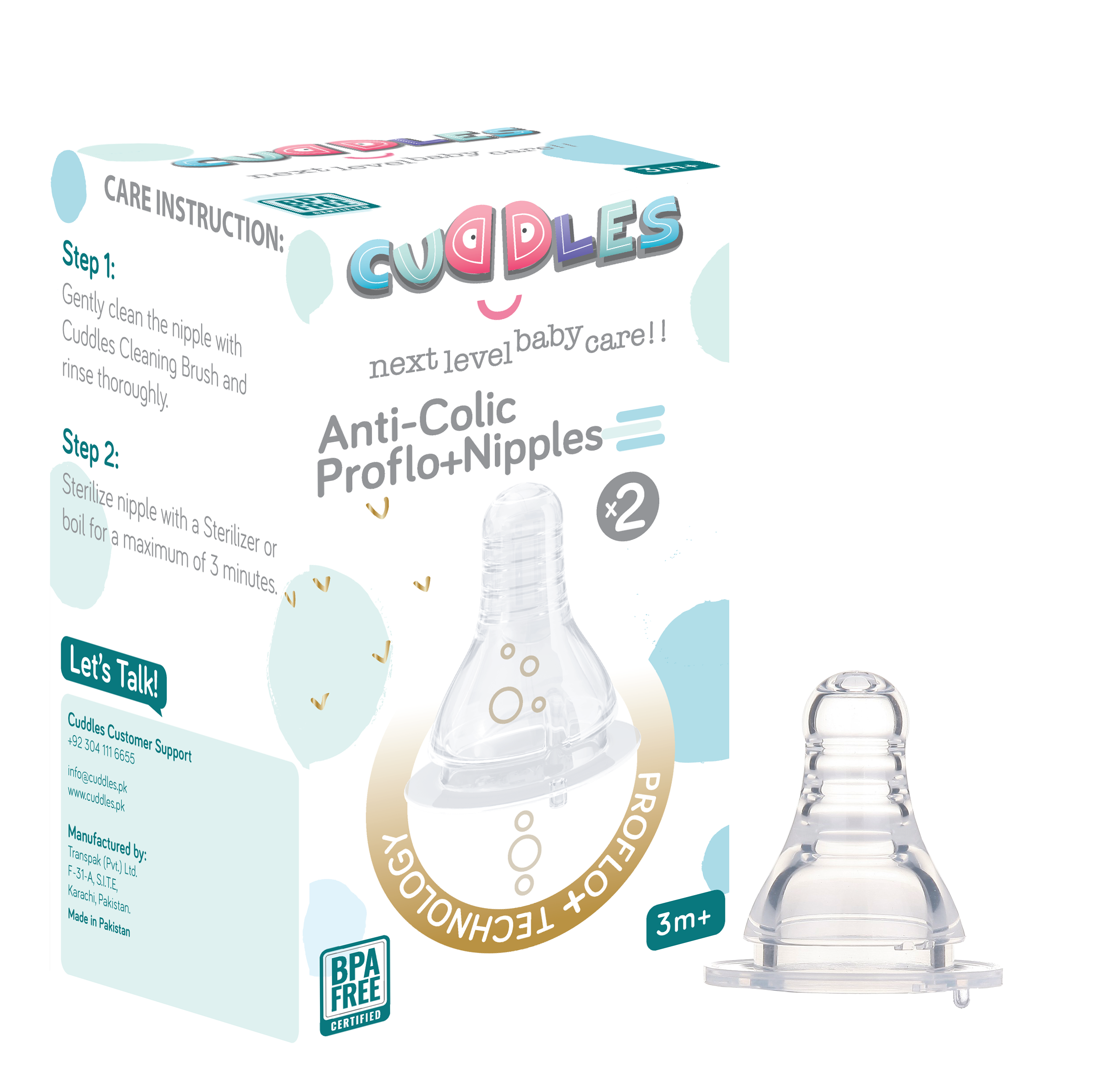 Cuddles Pack of 2 Anticolic Proflo Nipples 0 Month+
