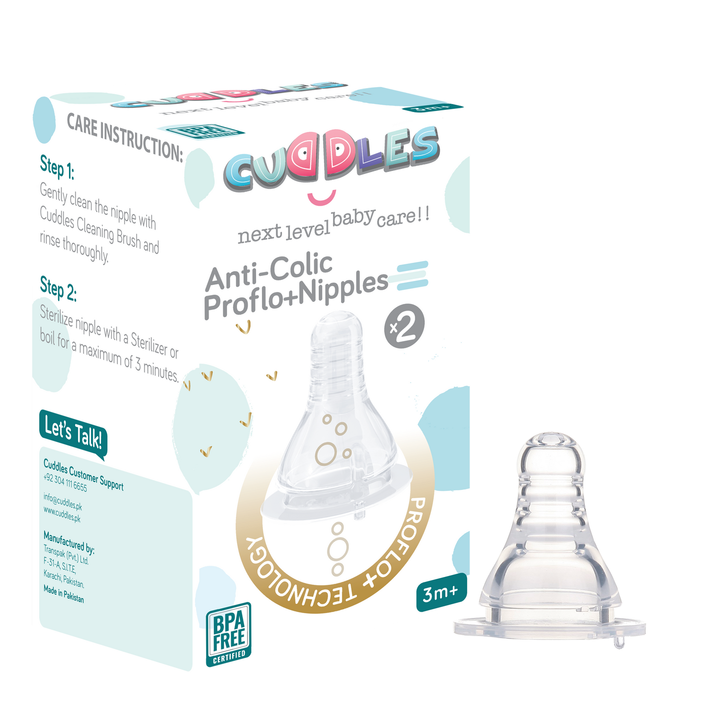 Cuddles Pack of 2 Anticolic Proflo Nipples 0 Month+
