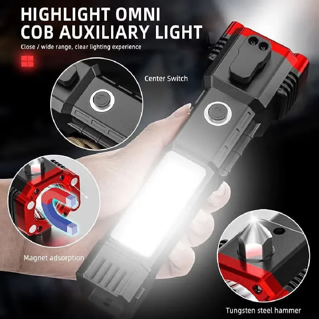 High-Power LED Torch Light - Rechargeable Flashlight with Tactical Hammer - Power Bank With Box Random Colors