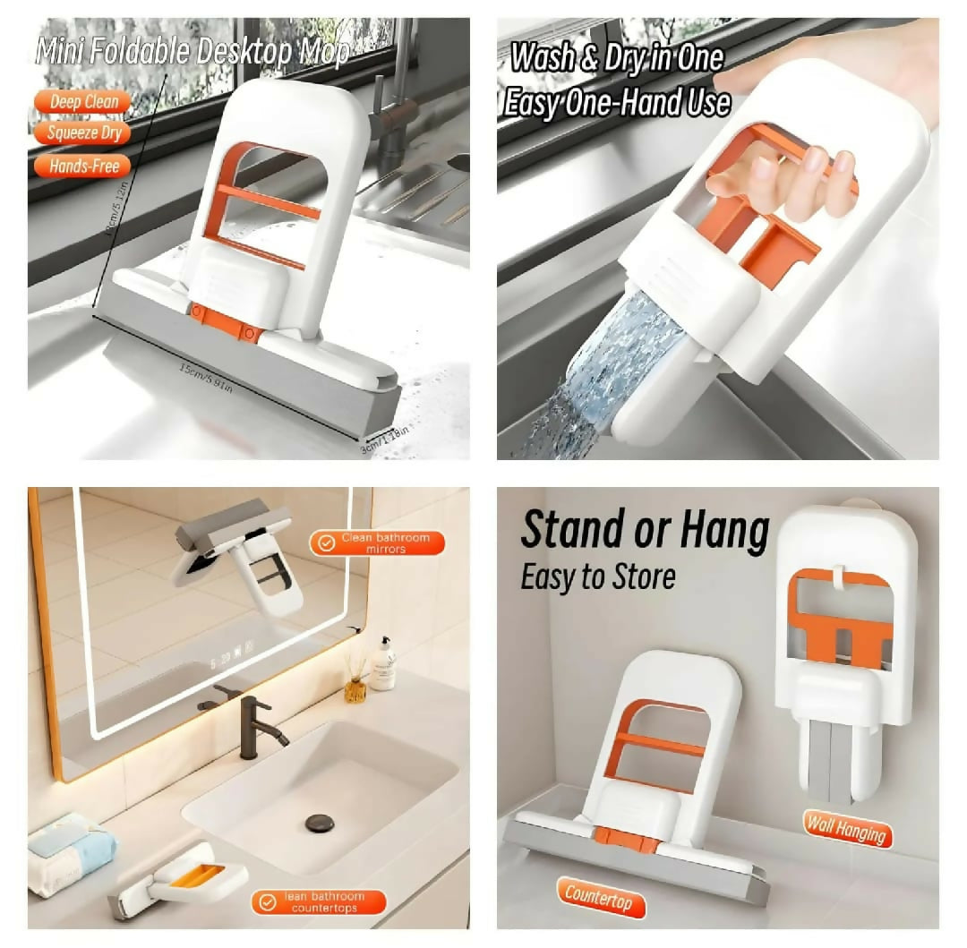 Foldable Mini Mop - Portable Desktop Wet and Dry Cleaning Mop - Self-Squeezing