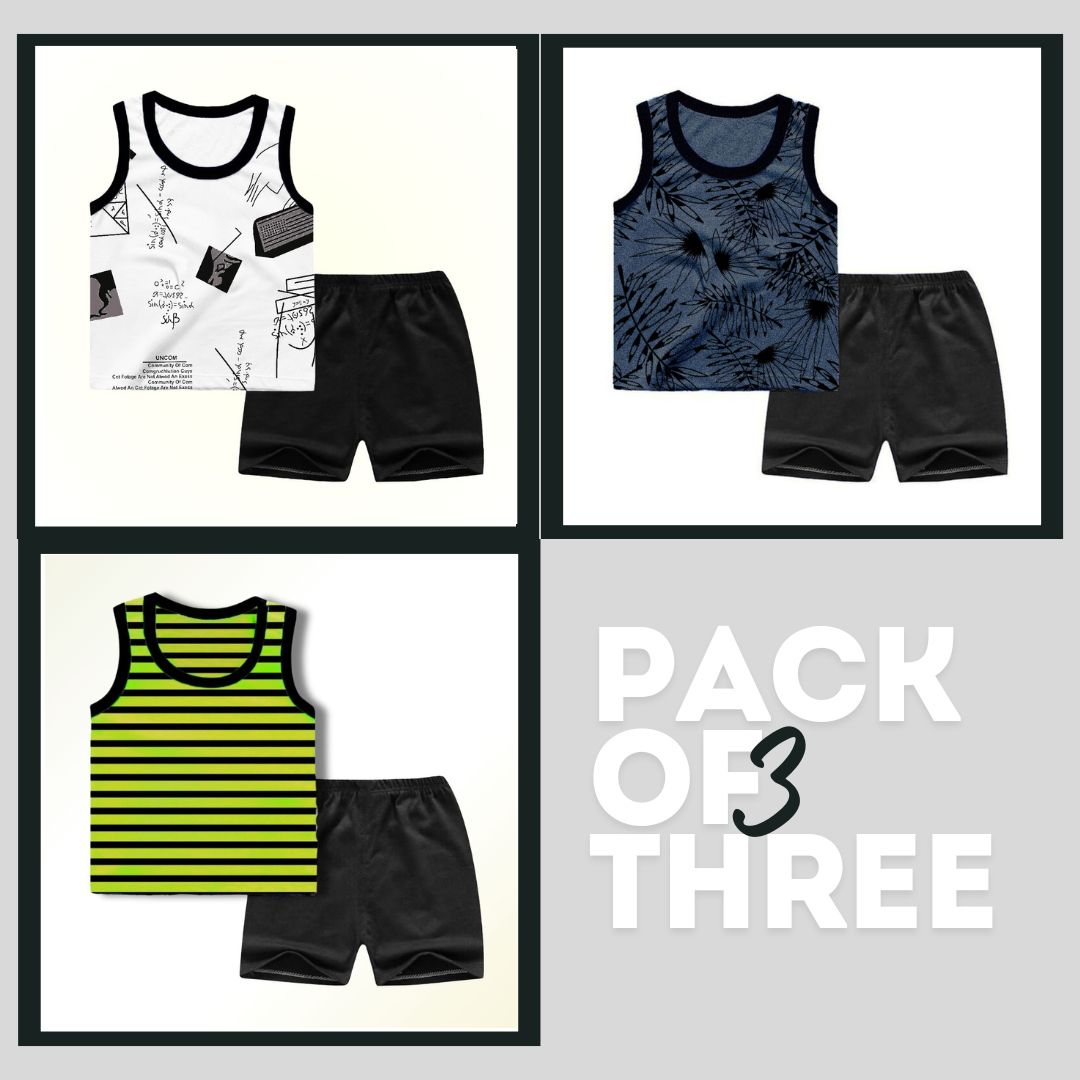 Kids Sandos & Shorts | Pack Of 3 | Printed Lines, Flowers & Doodles