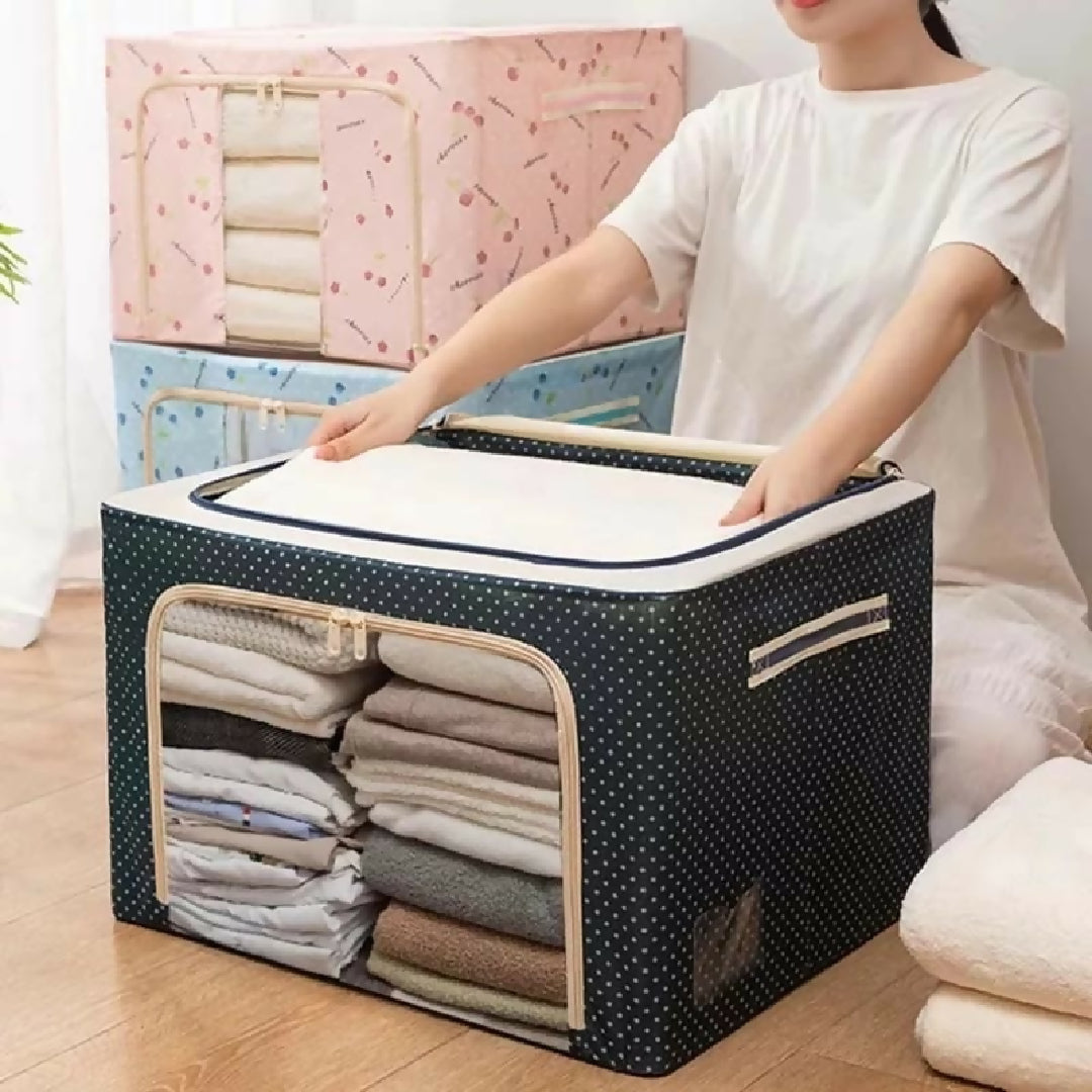 Foldable Metal Frame Clothes Storage Organizer Bag - Large Capacity Fabric Wardrobe Box with Zipper and Clear Window