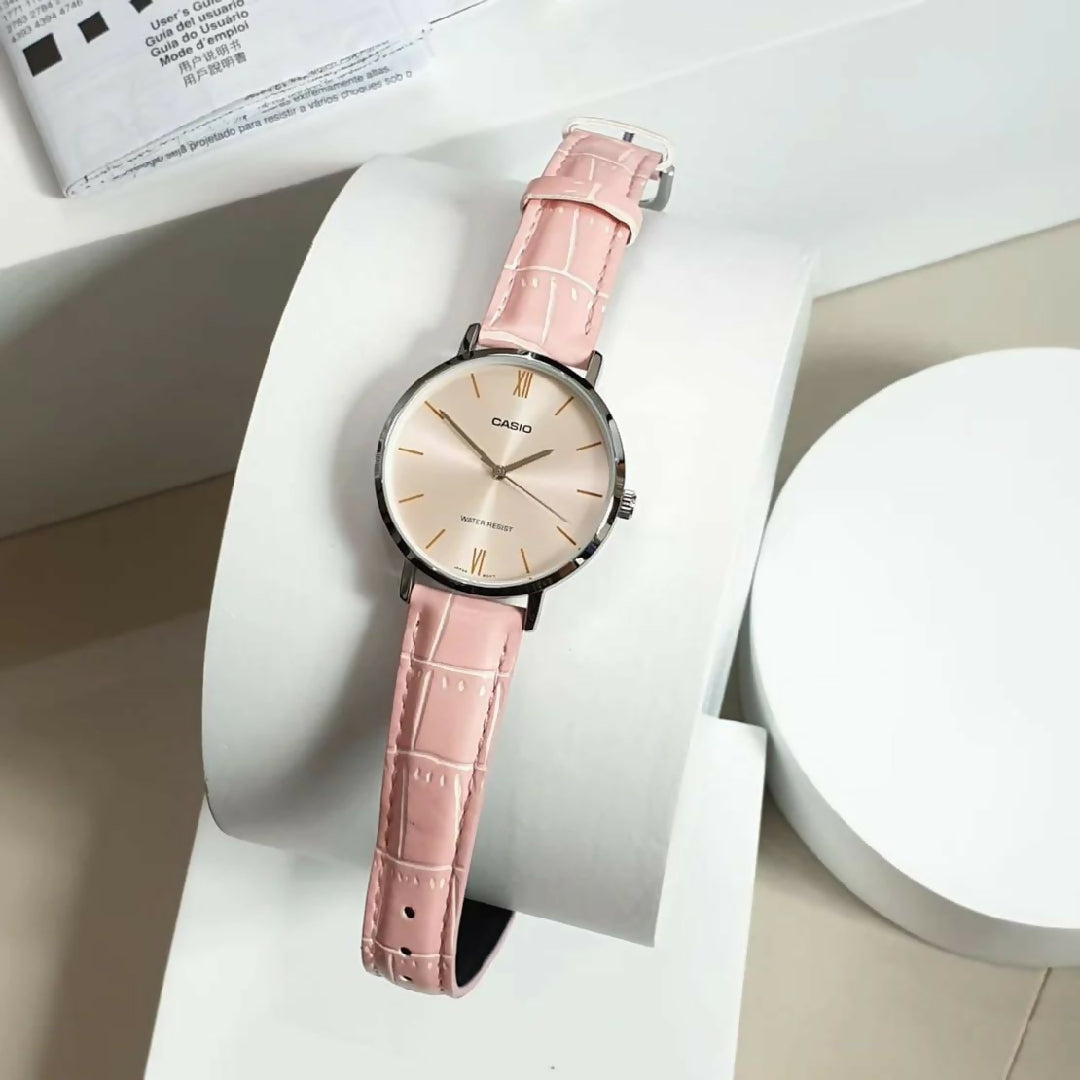 Casio Women Elegant Watch Rose Golden Dial with Stylish Pink Leather Strap Water Resistant Classic Ladies Wrist Watch for Girls Daily Wear Party Office Fashion Trendy Design