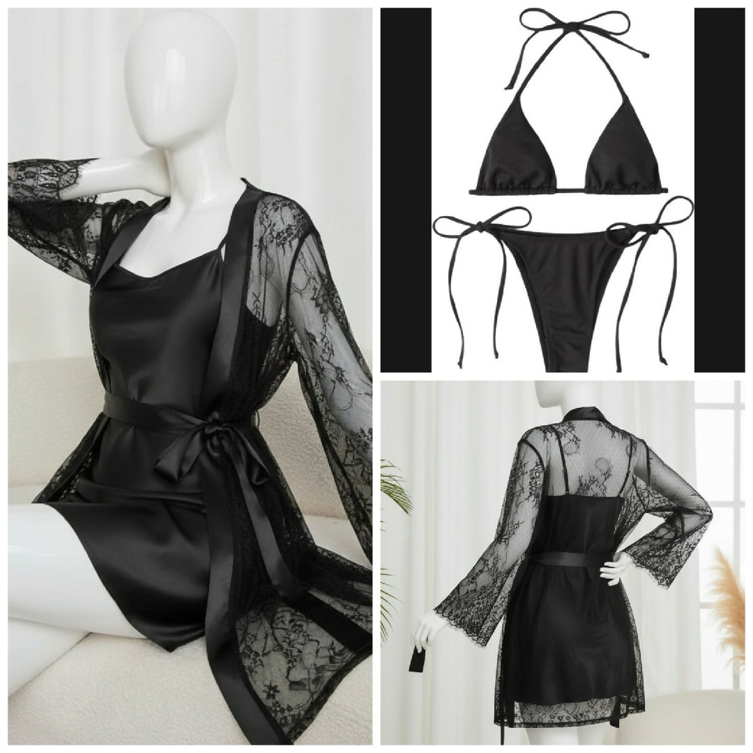 4 Piece Womens Transparent Net Gown Set - Soft Lace Robe with Silk Inner Bra and Panty