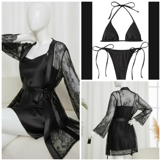 4 Piece Womens Transparent Net Gown Set - Soft Lace Robe with Silk Inner Bra and Panty