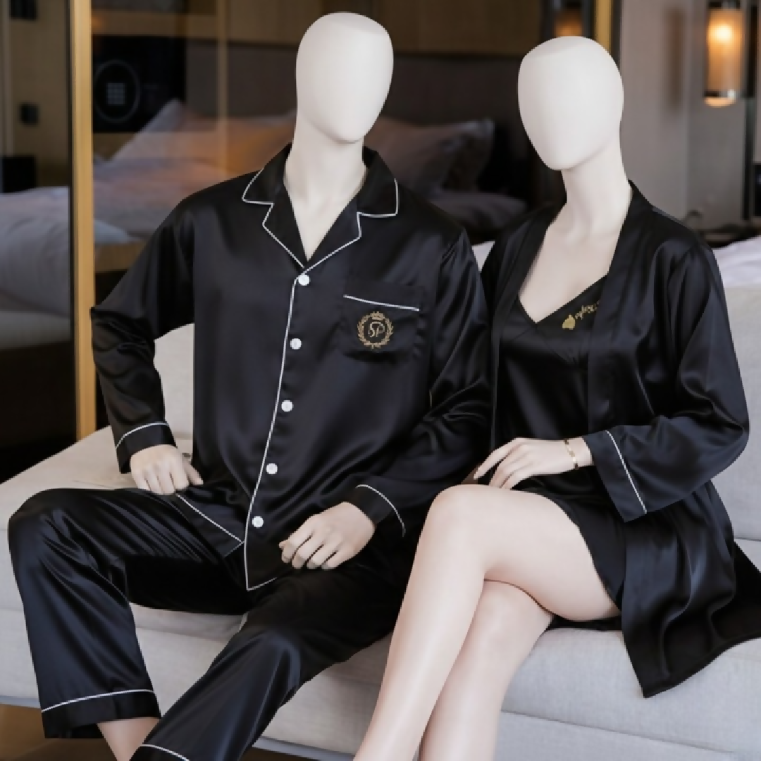 Couple Night Dress Silk Sleepwear Set - 4-Piece Pajama and Robe Set - SKU DC-C012