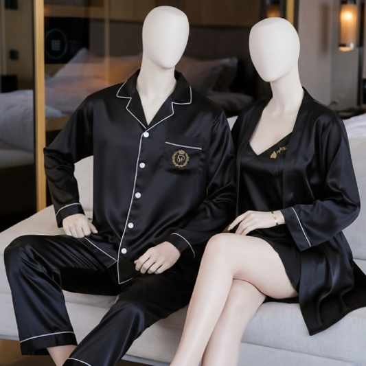 Couple Night Dress Silk Sleepwear Set - 4-Piece Pajama and Robe Set - SKU DC-C012