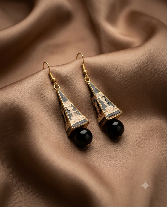 Onyx and Nude Minakari Pyramid Earrings