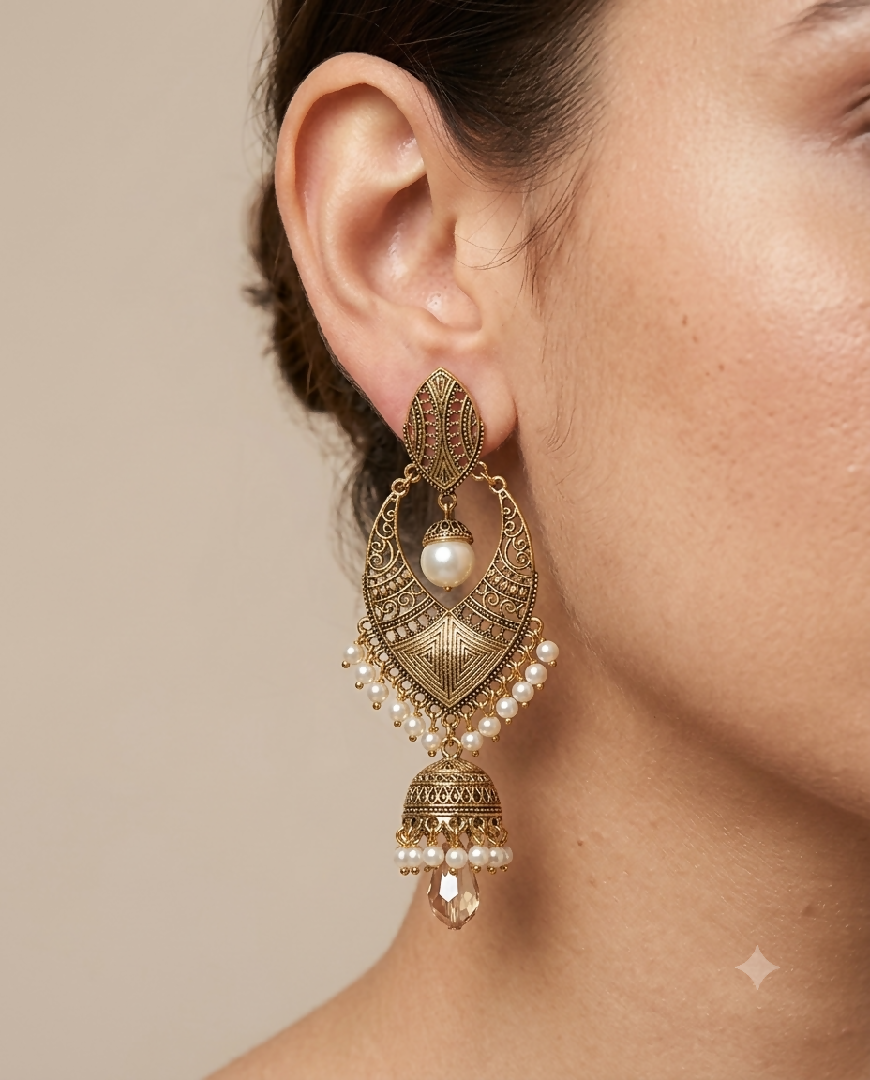 Antique Gold Arch Pearl and Crystal Jhumka Earrings