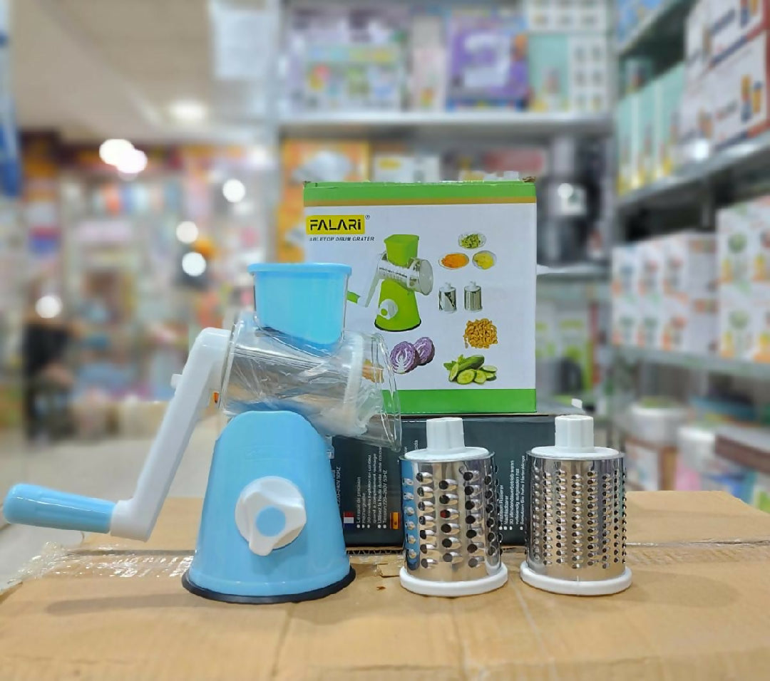 FALARI Tabletop Drum Grater Manual Rotary Vegetable Slicer Shredder and Cutter with 3 Interchangeable Stainless Steel Drums Random color
