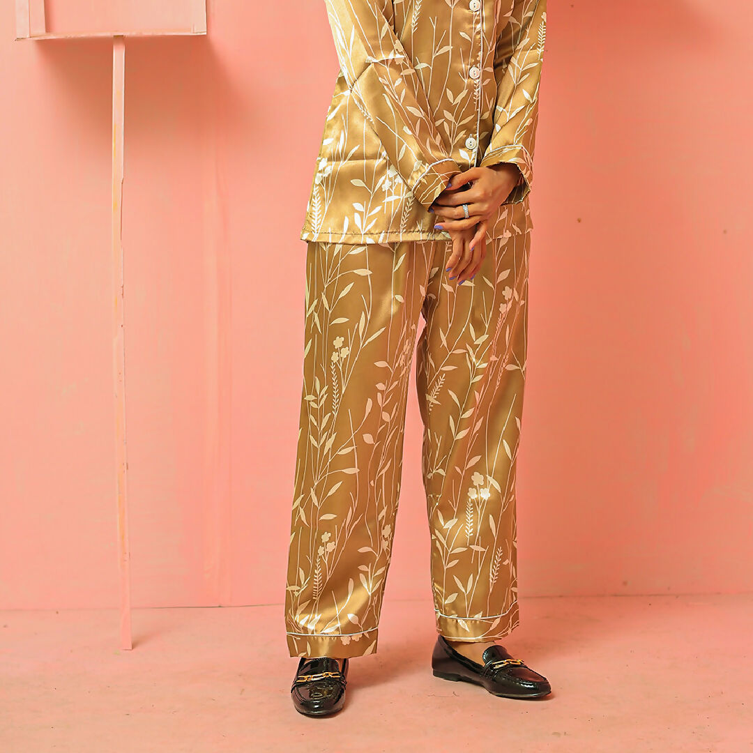 Golden Leaf Satin Night Suit – Elegant Womens Two-Piece Sleepwear Set