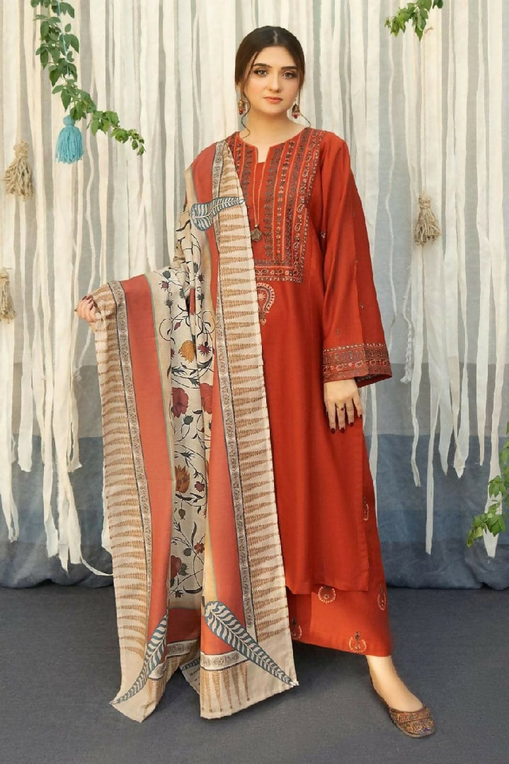 3PC Dhanak Embroidered Shirt - Couture Wool Print Shawl and Trouser - TANA-2292