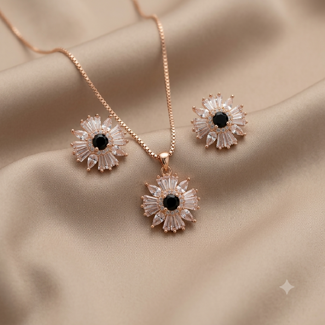 Zircon Midnight Black Sunburst Pendant and Earring Set