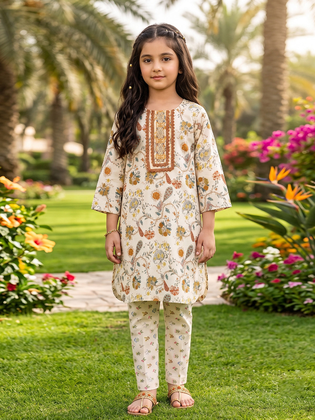 RWS-0016, Embroidered Off-White (ivory) Digital Print 2 Pcs