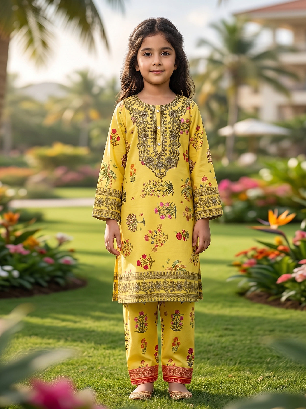 RWS-0017, Embroidered Sunny Yellow Digital Print 2 Pcs