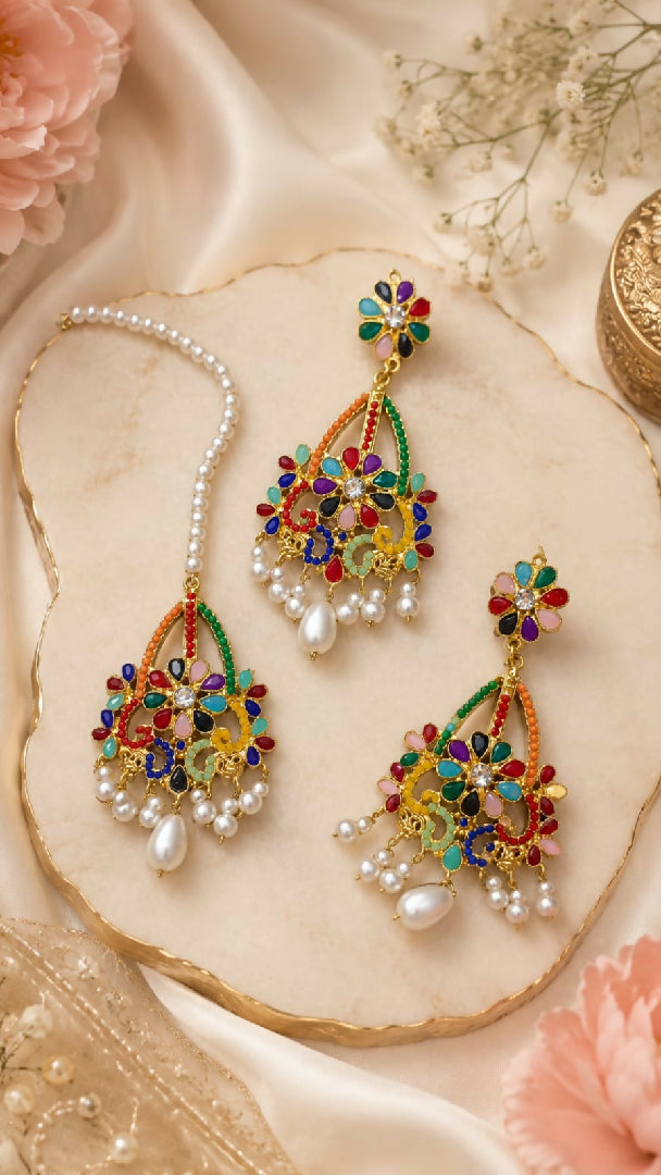 Multi nauratan earrings bindi set