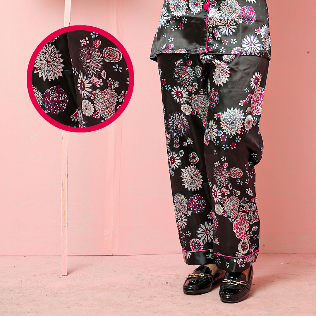 Midnight Bloom Satin Night Suit – Womens Floral Two-Piece Loungewear Set