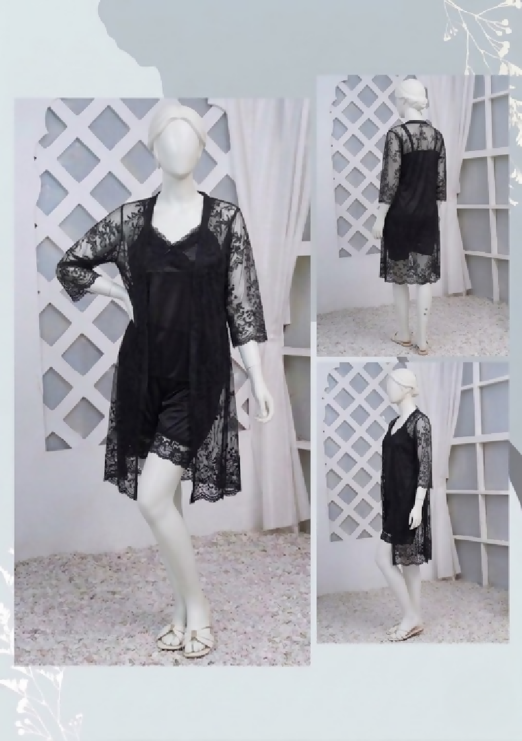 3 Pcs Luxurious Silk Net Black Lace Womens Sleepwear Set Top Short Gown Nightwear Free Size