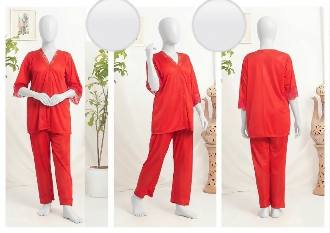 Womens Luxury Silk Satin Pajama Set with Elegant Lace Trim SKU R-010 Free Size