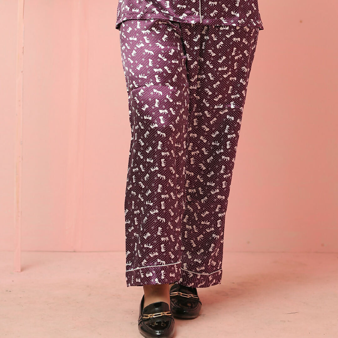 Elegant Purple Printed Cotton Pajama Set for Women – Button-Down Nightwear
