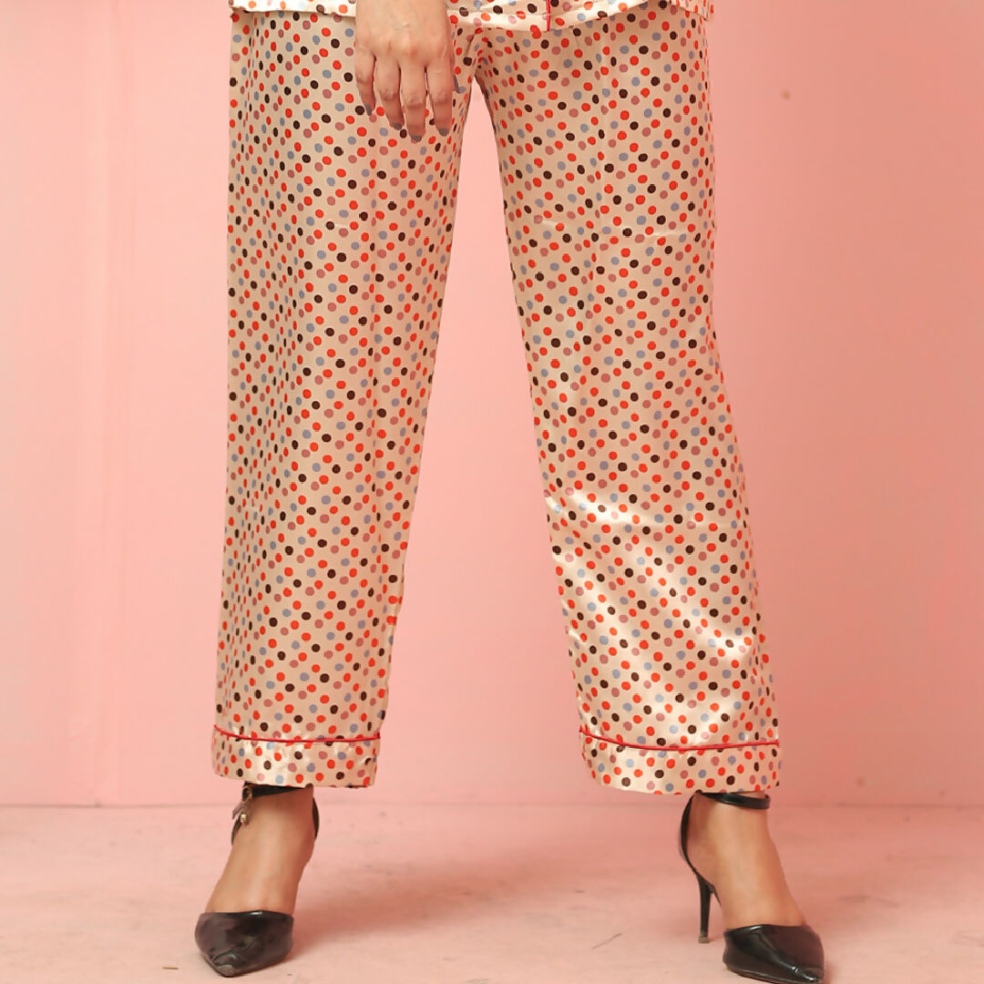 Champagne Blush Polka Dot Satin Night Suit – Elegant Two-Piece Pajama Set for Women