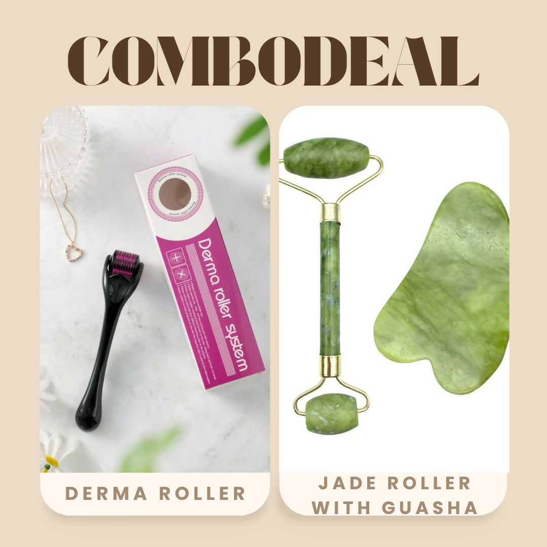 Combo Deal Of - Derma Roller 540 Titanium Needle 0-5 - Flawless Jade Roller With Guasha Stimulates Healthier Skin