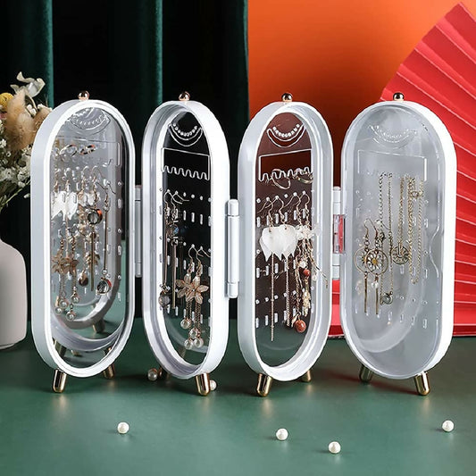 Jewellery Box Organiser with Mirror - Foldable Exquisite Dustproof Jewelry Storage Case Multi-Function Screen Shaped Metal Display Jewelry Stand for Earring - Necklace and Bracelet Random Color