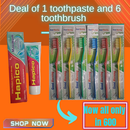Set of 6 morning toothbrush and 1 hapico toothpaste in very low price